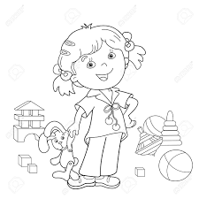 4 dibujos de gatitos para colorear e imprimir en pdf. Pagina Para Colorear Esquema De Nina De Dibujos Animados Con Los Juguetes Libro De Colorear Para Ninos Ilustraciones Vectoriales Clip Art Vectorizado Libre De Derechos Image 58849119