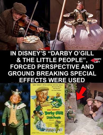 In the 1959 Disney movie “Darby O'Gill and the Little People”, Disney  Legend Peter Ellenshaw designed the sets to give the illusion of making  objects big and small. Ellenshaw would later go
