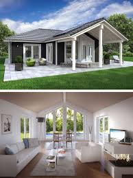 bungalow haus im landhausstil skandinavisch mit holz fassade walmdach architektur innen mit kamin fert haus bungalow holzhaus fertighaus holzhaus bungalow