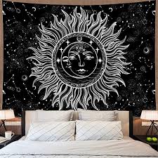 Black And White Wall Tapestry Amazon Amazon Com Amonercvita Sun And Moon Tapestry Psychedelic Burning Sun With Stars Wall Tapestry Black And In 2020 Moon Tapestry Sun And Moon Tapestry Celestial Tapestry