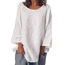 khdug donne casual o neck manica 3 4 solid linen t shirt loose pullover top blous bianco l