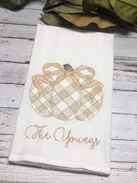 Personalized towels embroidered christmas college camping sports his embroidered monogrammed personalized hand or kitchen towel made to order. Beige Gingham Pumpkin Fall Personalized Embroidered Kitchen Towel Loca Kennesaw Embroidery