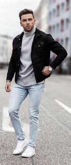 All Black And Blue Denim Jacket Fall Outfit Inspiration With A Gray Turtleneck Black Trucker Jacket Silver Watch Light Wash De Chaqueta Vaquera Negra Ropa De Moda Hombre Estilo De Ropa Hombre