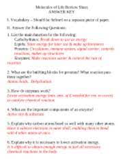 Molecules Of Life Ans Key Molecules Of Life Review Sheet Answer Key I Vocabulary Should Be Defined On A Separate Piece Of Paper Ii Answer The Course Hero