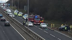 A car going southbound crashed into a barrier and went into a ditch. A1 Crash Footage Shows Overturned Car As Police Close Road Through Kenton Bar Chronicle Live