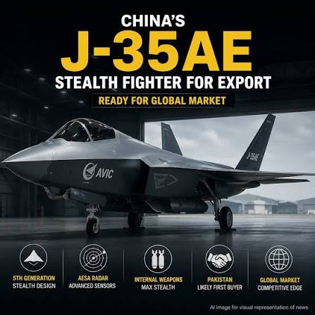 Chinas J-35AE is an export-focused fifth-generation stealth fighter,  recently spotted in a fully assembled and operational form, indicating  readiness for global sales. The jet carries AVIC branding instead of  military insignia, confirming