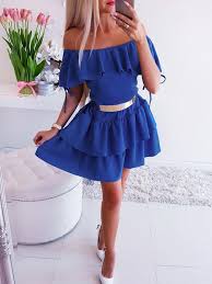 Yaminuit vous propose des robes courte de cocktail. Robe Courte Cordon De Serrage A Volants En Cascade Manches Courtes Bleu Robes Mini Robes