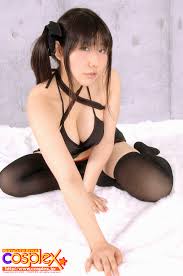 nishizuku hiyo, cosplex, cosplay photo, highres, photo (medium), asian,  black eyes, black hair, black thighhighs, breasts, cleavage, cosplay,  halterneck, kneeling, large breasts, leaning forward, lingerie, lips,  looking at viewer, midriff, scrunchie, side