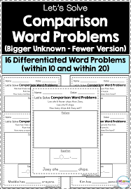 More lessons for grade 1 common core for grade 1 examples, solution, videos, and songs to help kindergarten kids learn how to use addition and subtraction within 20 to solve word problems involving situations of adding to, taking from, putting together, taking apart, and comparing, with unknowns in all positions, e.g., by using objects, drawings, and equations with a symbol for. 16 Differentiated Comparison Word Problems Bigger Unknown Fewer Version Perfect For Small Math Groups Word Problems First Grade Math Homeschool Programs
