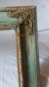 Particolare Cornice Di Legno Dorata Foglia Oro Verde Con Sfumature Avorio E Patina Anticante Stile Shabby Chic Pro Shabby Chic Cornici Specchio Shabby Chic