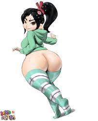 namespace, vanellope von schweetz, wreck-it ralph, absurdres, commentary,  highres, 1girl, aged up, ass, black hair, breasts, brown eyes, green  sweater, green thighhighs, grin, hair ornament, hood, hooded sweater, huge  ass, kyojiri loli,