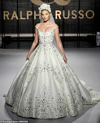 Elsa Hosk Commands The Catwalk In Jewel Encrusted Bridal Gown At Pfw Wedding Dresses Corset Wedding Dresses Best Wedding Dresses