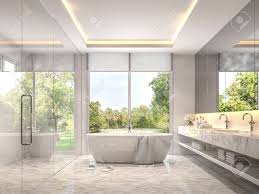 True luxury discovered in this all marble shower tile design. Modern Luxury White Bathroom 3d Render Room With Marble Tile Stock Photo Picture And Royalty Free Image Image 128627957