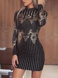 Geo Print Tie Waist Curved Hem Casual Dress Striped Party Dresses Party Dress Long Sleeve Bodycon Dress