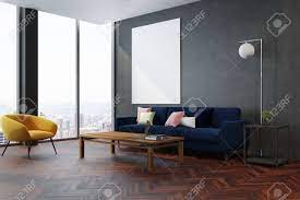 A fun variant of the blue sofa is the coastal blue sofa. Modern Living Room Corner With A Wooden Floor Gray Walls And Stock Photo Picture And Royalty Free Image Image 93278758