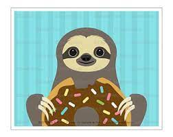 57j Kid Art Prints Sloth Eating Big Chocolate Donut Wall Art Funny Animal Prints Doughnut Drawing Bakery Decor Sloth Art Sloth Drawing Kids Art Prints