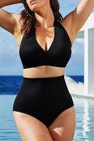 Concise Plus Size Two Piece High Waisted Plunged V Halter Bikini Swimsuit Sk0171 In 2021 Plus Size Bikini Plus Size Swimwear Swimwear