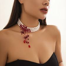 DIEZI Goth Multilayer Red Blood Imitation Pearl Choker Statement Necklace  For Women Vintage Crystal Bead Halloween Jewelry