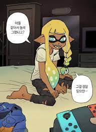 inkling, nintendo, splatoon (series), splatoon 3, highres, translation  request, 1boy, androgynous, asymmetrical hair, barefoot, between legs,  black pants, blue eyes, blush, braid, chickenapple33, controller, crate,  dark-skinned male, dark skin, denim ...