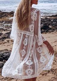 Hollow Out Lace V Neck Cover Up Without Necklace White Bellelily Cover Up Lace Splicing Dress Cover