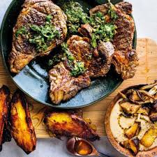 Simple steak for a quick and delicious meal. Braaied Rib Eye With Salsa Verde Wild Mushroom Sauce And Double Baked Sweet Potatoes Woolworths Taste Recipe Sweet Potato Spinach Braai Recipes Baking Sweet