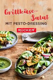 Grillkase Salat Mit Pfirsich Und Pesto Dressing Rezept Salat Rezepte Pesto
