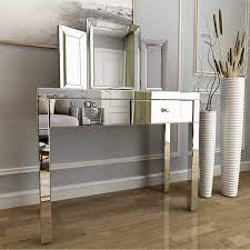 Tribesigns dressing vanity table set makeup led lighted desk +mirror and drawer. Amazon Com Mecor Mirrored Makeup Dressing Table Set W Tri Fold Mirror Silver Vanity Table With 2 Drawers Modern Writing Desk For Bedroom Bathroom Home Office Kitchen Dining