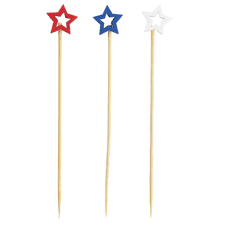 Tablecraft Decorative Picks, Stars in Red, White and Blue .625x.25x4.5  ,Bamboo (Natural Bamboo) Pack of 100, Assorted, Cash & Carry - 12 packs per  case