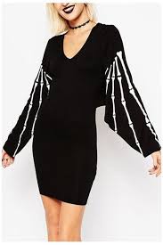 V Neck Skull Print Batwing Long Sleeve Black Bodycon Dress Black Bodycon Dress Long Sleeve Black Bodycon Dress Black Dress With Sleeves