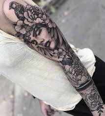 Black And White Vintage Style Flower Sleeve Tattoo Female Face Floral Crown Birds Tattoo Sleeve Ideas For Men White Top Black Pants Sleeve Tattoos For Women Tattoos For Guys Tattoo Sleeve Men