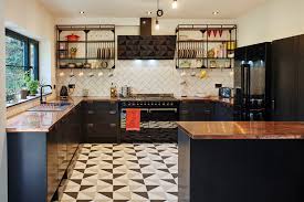 Black Valchromat And Copper Kitchen Modern Kitchen Sussex By Johnson Bespoke Ltd The dark, moody tile walls, sleek backsplash, and stainless steel appliances assert an undeniably and it's even fresher when you paint your bar stools a buoyant shade of mint green hue and hang a copper pendant light overhead.
