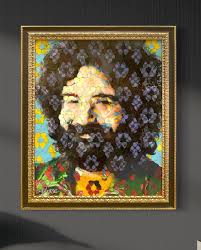 Finished and framed! A tribute to the legendary Jerry Garcia, crafted from  guitar picks and spray paint, and sealed with resin. This artwork is a  unique double painting, blending patterns of flowers