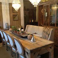 Antique Harvest Table With Linen Banquette And French Upholstered Dining Chairs Modern Farmhouse Dining Farmhouse Dining Room Farmhouse Dining Room Table