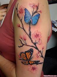 Colorful Feminine Butterflies Tattoo On Girl Left Half Sleeve Butterfly Tattoos For Women Blossom Tree Tattoo Butterfly Tattoo Designs