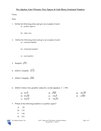 Pre Algebra Unit 9 Practice Test Square Cube Roots