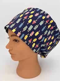 Lemon, Fun Women's Euro Style Scrub Cap With Various Frozen Fruit Treats,  Navy Surgical Hat With Watermelon , Limes, Kiwis, Strawberries