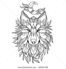 Wolf In Tribal Style With Moon And Leafs Detail Zentangle Wolf For Coloring Page Tattoo Shirt Design Effect And Lo Animal Tattoo Kawaii Drawings Floral Doodle