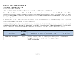 KENTUCKY HORSE RACING COMMISSION MINUTES OF THE SPECIAL MEETING