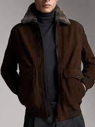 Nubuck Bomber Jacket With Sheepskin Collar Men Massimo Dutti Jackets Mens Jackets Men