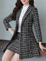 Black And White Plaid Skirt And Jacket Set Checkered Plaid Work Coat With Skirt Two Piece Set Dress Coat Outfit Skirt Fashion Fashion