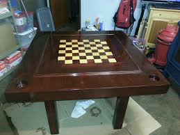 Made From Reclaimed Wood From A Deck And Combined Woth Other Materials I Bought 45 X 45 Domino Table With Inlaid Chess Domino Table Chess Table Chess Board