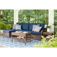Hampton Bay Cambridge 5 Piece Brown Wicker Outdoor Patio Sectional Sofa Seating Set With Cushionguard Midnight Navy Blue Cushions 65 7148b9 The Home Depot Patio Sectional Outdoor Furniture Blue Cushions