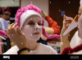 Behind the scenes with The Lulworth Players family amateur dramatics group  staging their winter 'Mother Goose' Pantomime held at Lulworth Village Hall  Stock Photo