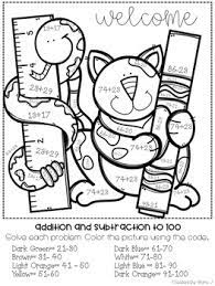 Add and subtract numbers up to 100; 2 Digit Addition Subtraction Color By Number Back To School Themed