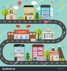 Small Town Urban Landscape In Flat Design Style Vector Illustration With Small Business Buildings Roads Building For Kids Urban Landscape Road Map Design