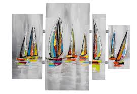Tableau Quadryptique Marine Voiliers Couleurs Vives Sur Ciel Et Mer Gris Avec Elements Metal 1 Toile Peinture Peinture De Voilier Tableau Contemporain Abstrait