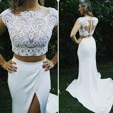 Elegant two piece summer wedding dress with intricate embroidery by solo merav. Two Piece Lace Wedding Dress Front Split Buttons Summer Outdoor Wedding Gowns Suzhoudress Co Uk