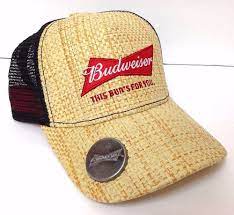 New Budweiser Straw Trucker Hat With Bottle Opener On Brim Tan Black Beer Mens Budweiser Trucker Black Beer Beer Shirts Trucker Hat