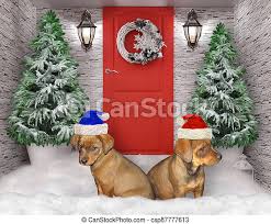 Your christmas puppies stock images are ready. Two Puppies In Yard For Christmas Two Puppies In Santa Claus Hats Are Sitting In The Yard On The Snow For Christmas Canstock