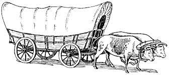 An ancient train near the forest; Conestoga Wagon Wikipedia
